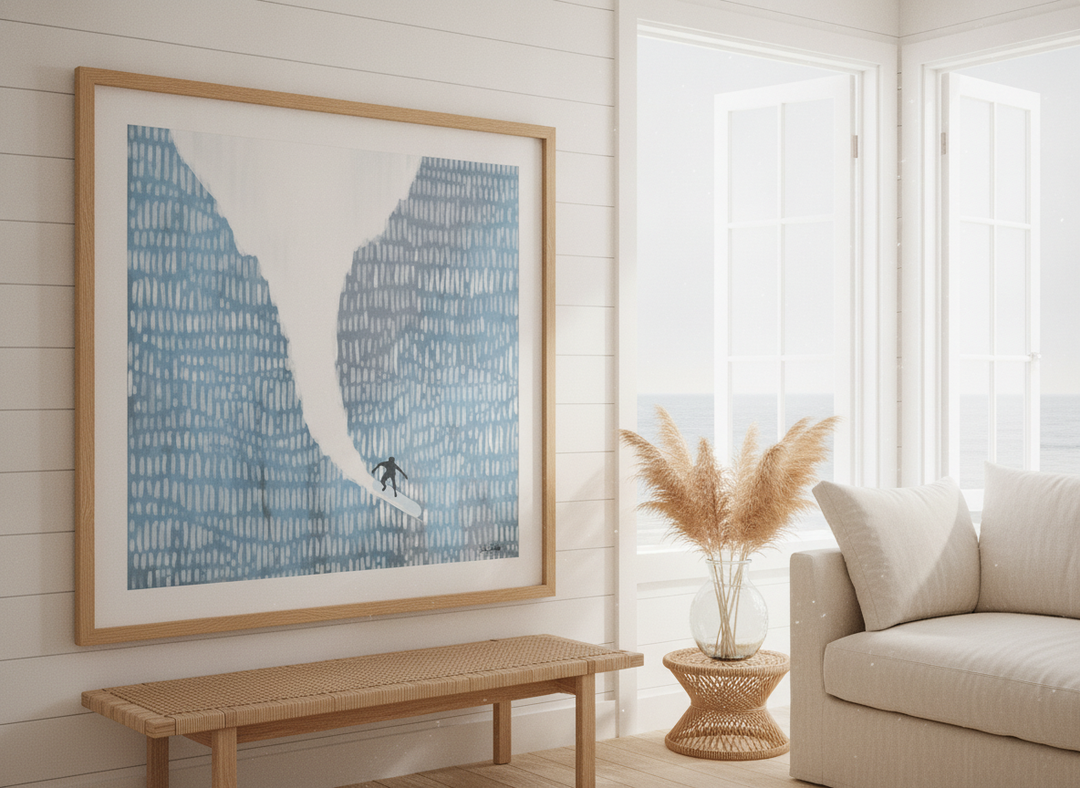 Neutral wall art displayed in a sunny coastal beach house