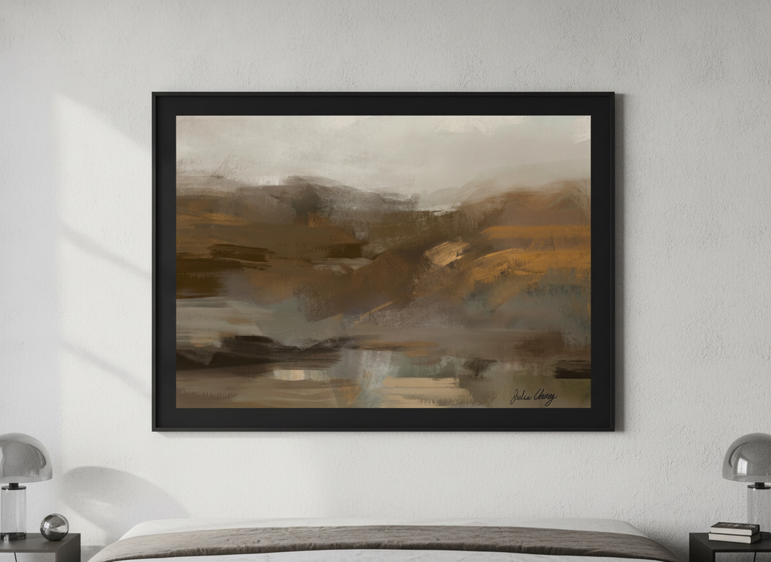 Minimalist artwork displayed in a calm, light-filled bedroom interior