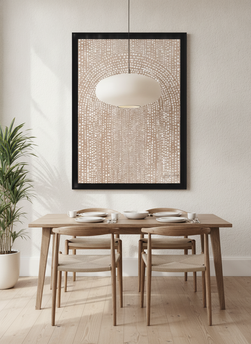 Wall art styled above a dining table in a contemporary home