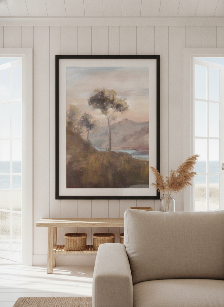 Neutral wall art displayed in a sunny coastal beach house