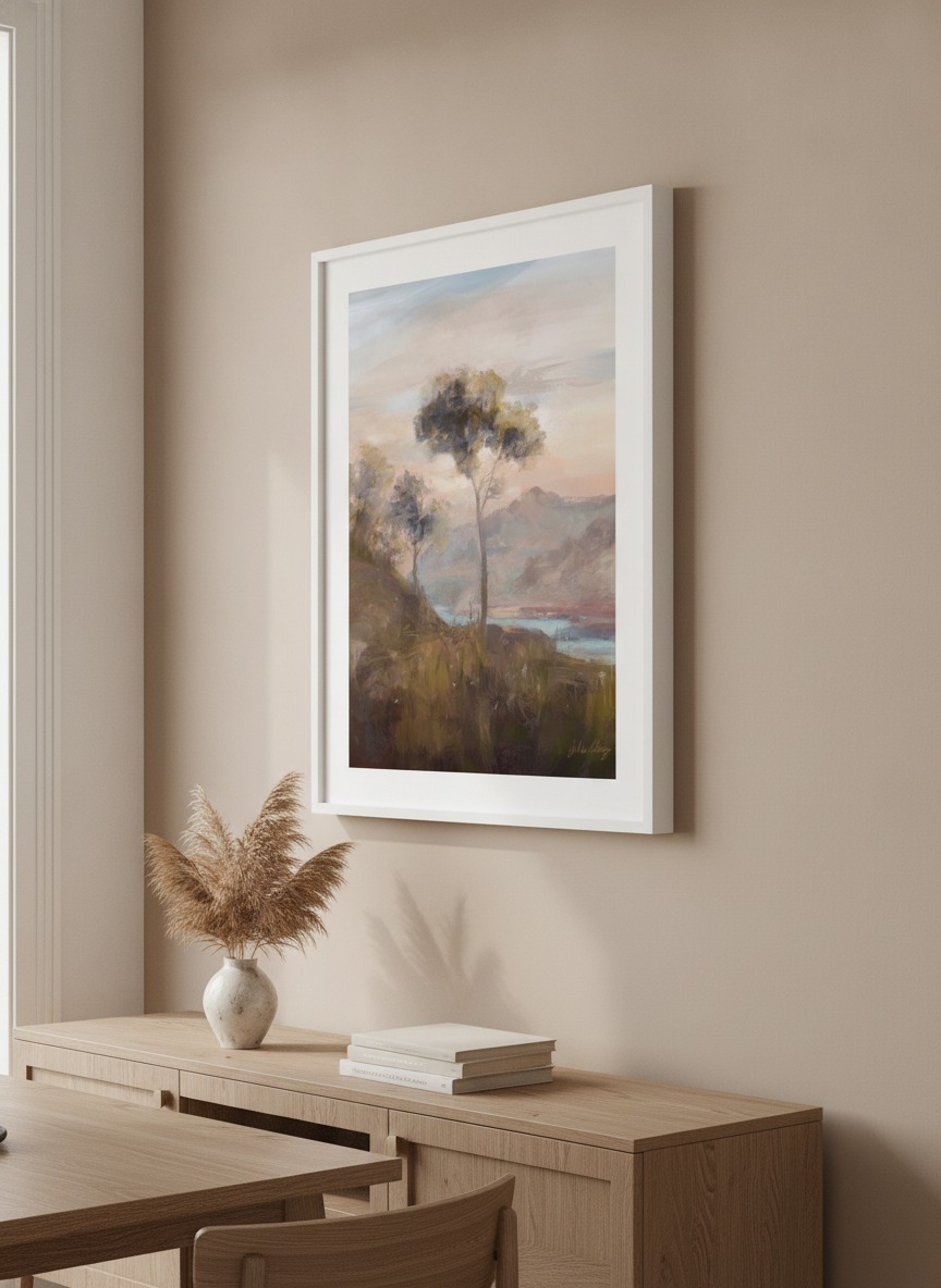 Wall art styled above a dining table in a contemporary home