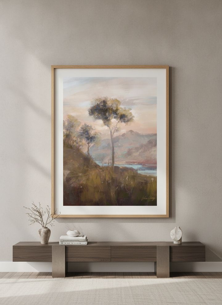 Monumental artwork centred on a feature wall in a luxe interior