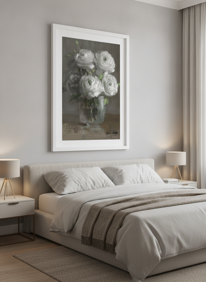 Minimalist artwork displayed in a calm, light-filled bedroom interior