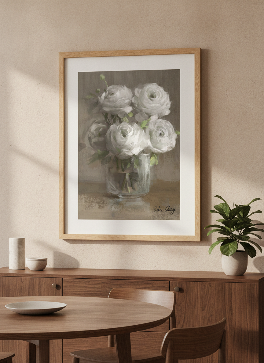 Wall art styled above a dining table in a contemporary home