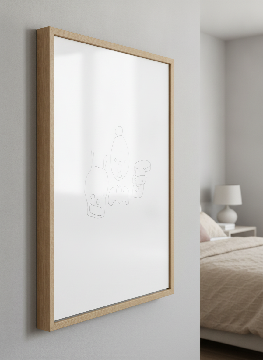 Minimalist artwork displayed in a calm, light-filled bedroom interior