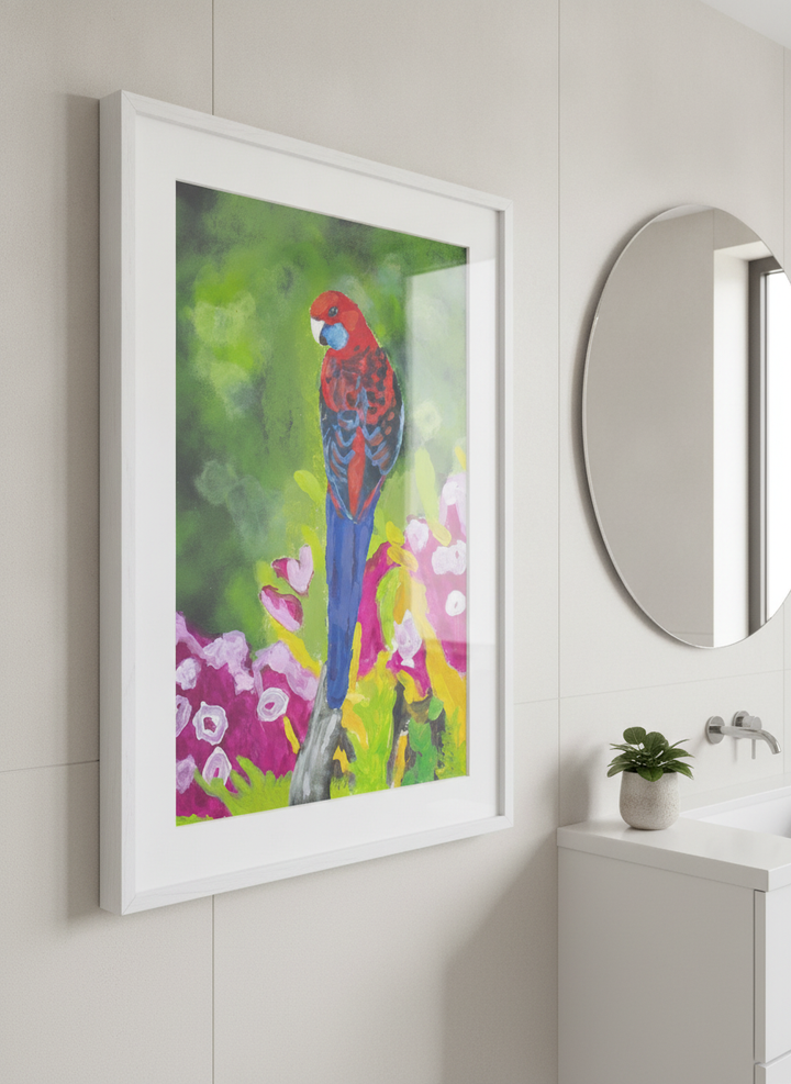 Modern print displayed in a clean minimalist bathroom setting