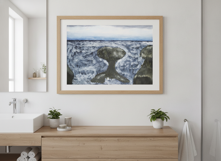 Modern print displayed in a clean minimalist bathroom setting