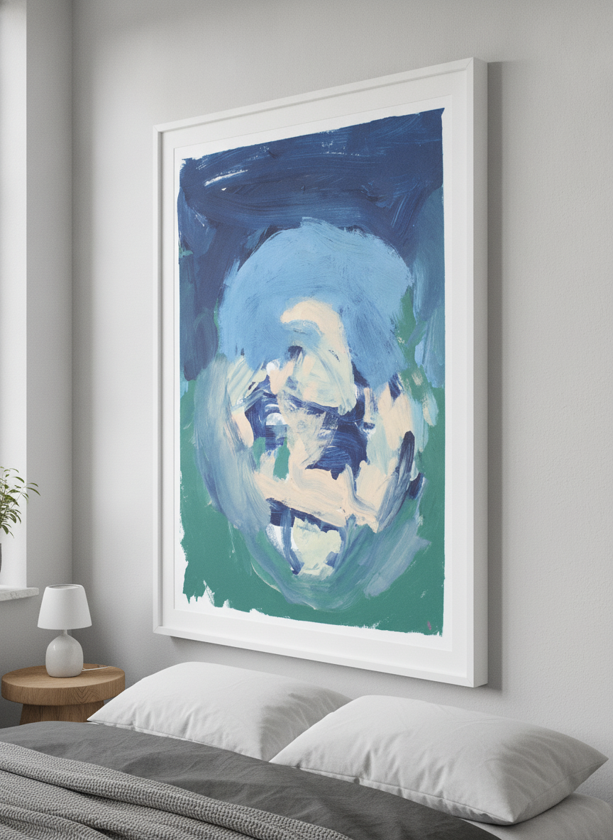 Minimalist artwork displayed in a calm, light-filled bedroom interior