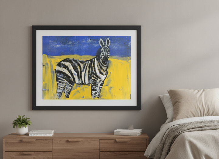 Minimalist artwork displayed in a calm, light-filled bedroom interior