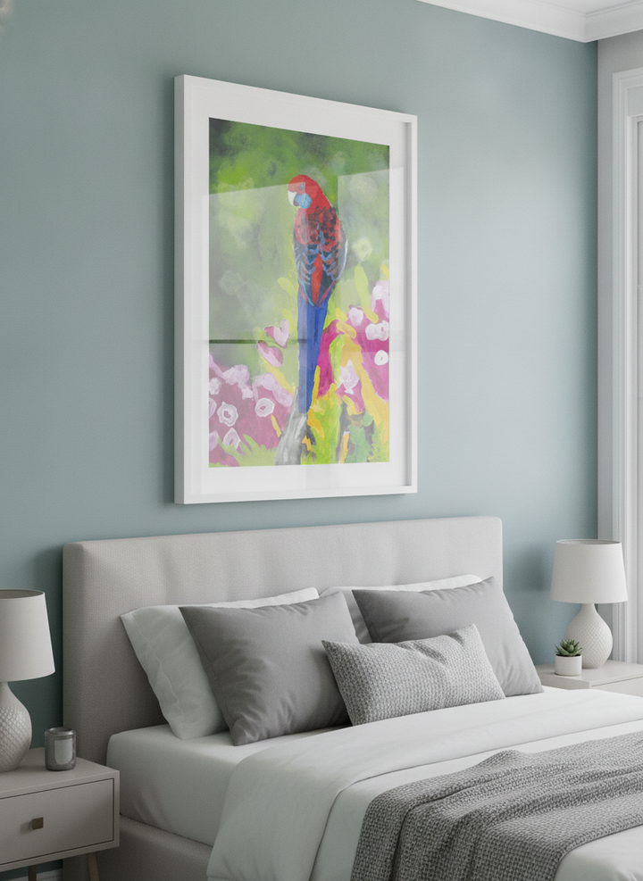 Minimalist artwork displayed in a calm, light-filled bedroom interior