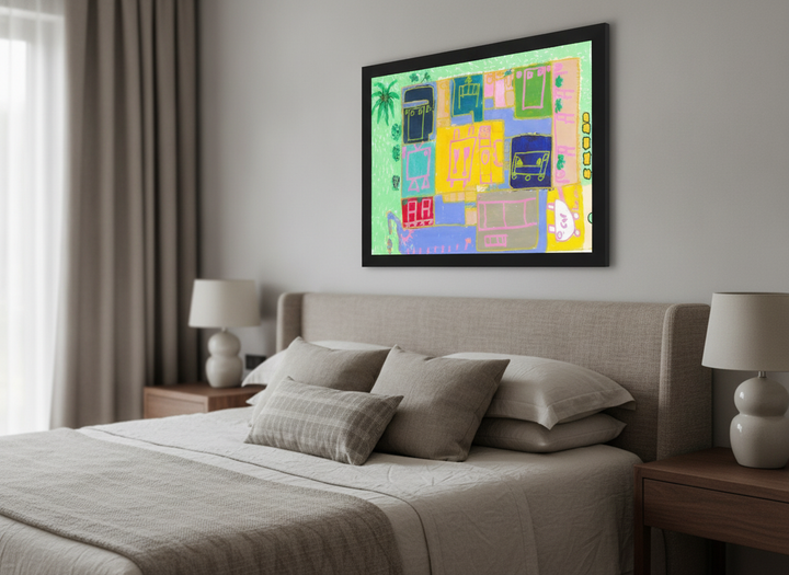 Minimalist artwork displayed in a calm, light-filled bedroom interior