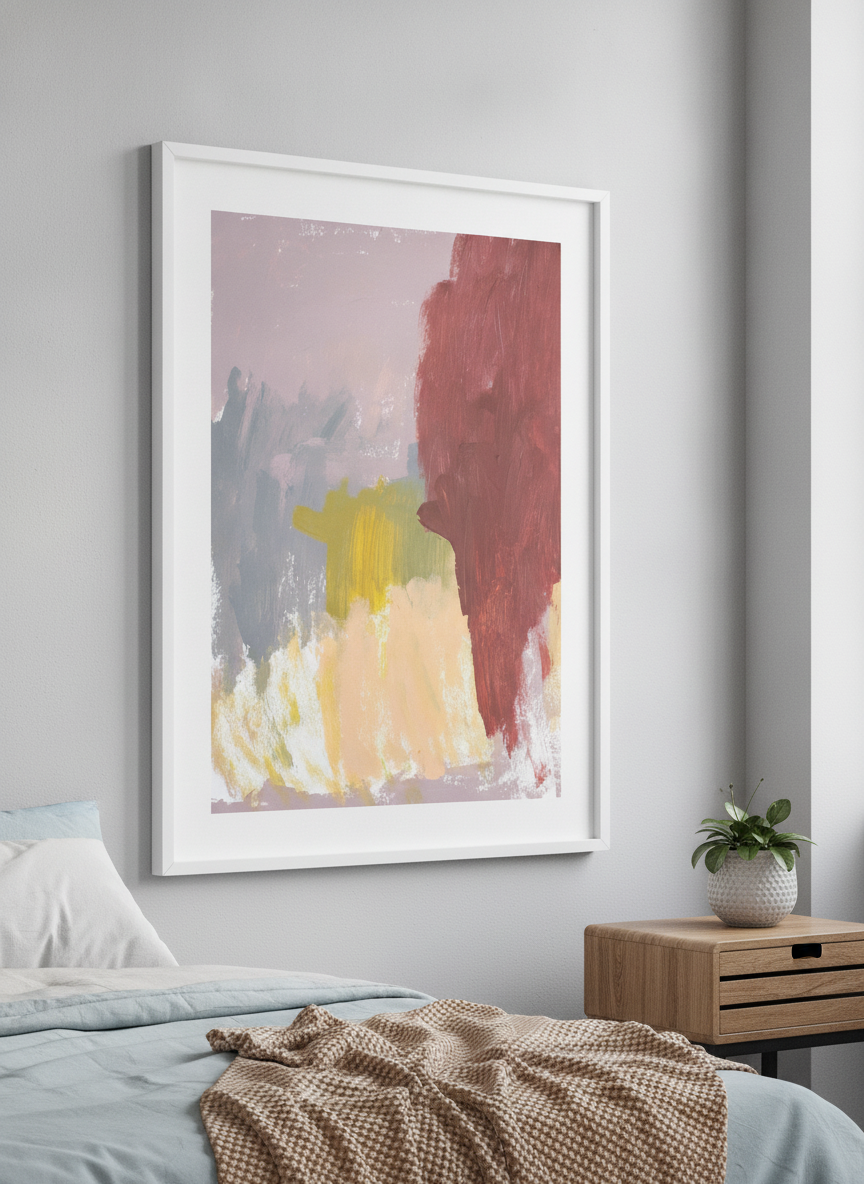 Minimalist artwork displayed in a calm, light-filled bedroom interior
