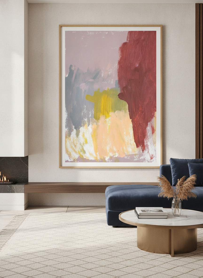 Monumental artwork centred on a feature wall in a luxe interior