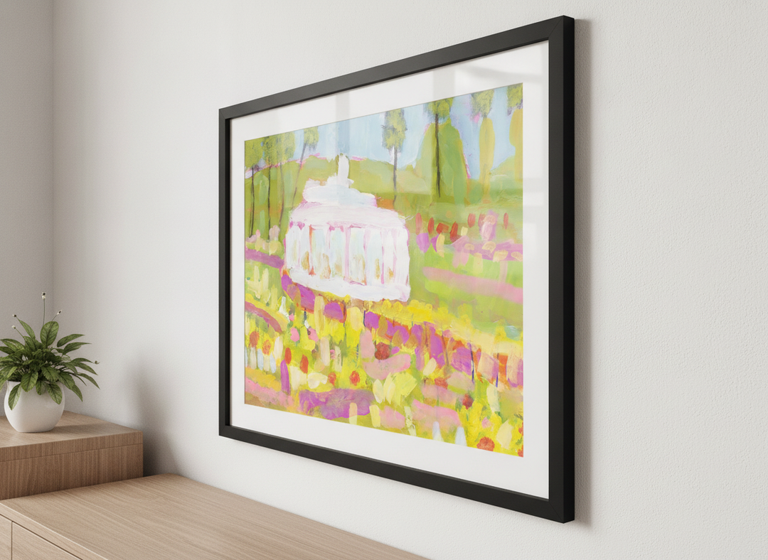 Minimalist artwork displayed in a calm, light-filled bedroom interior
