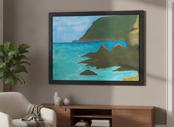 Modern wall art styled above a sofa in a neutral living room