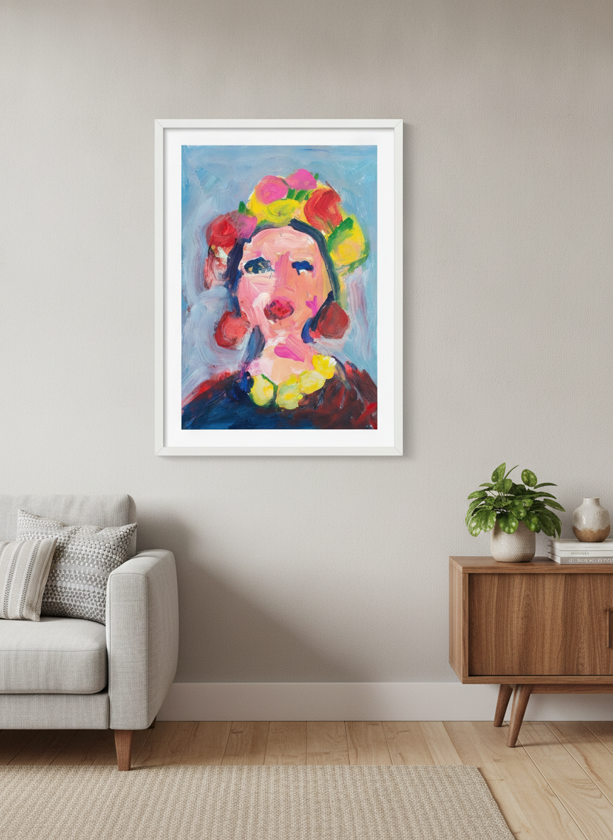 Modern wall art styled above a sofa in a neutral living room