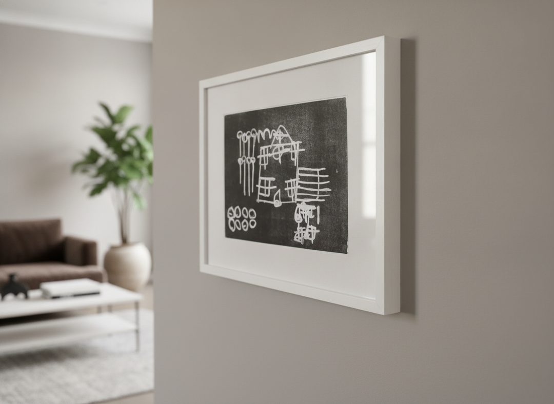 Modern wall art styled above a sofa in a neutral living room