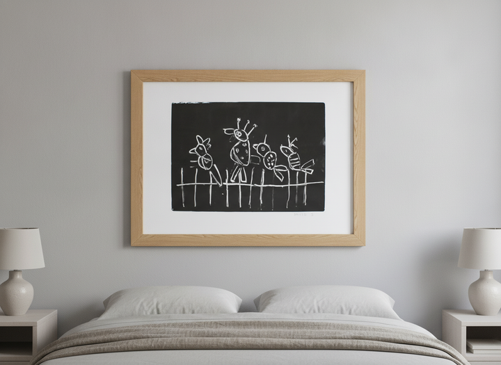Minimalist artwork displayed in a calm, light-filled bedroom interior