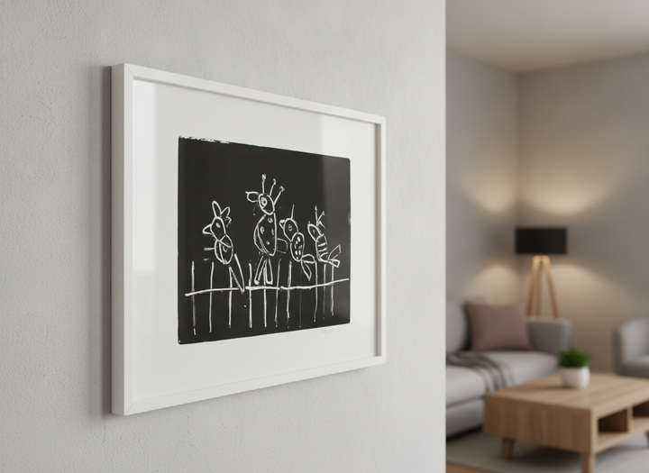 Modern wall art styled above a sofa in a neutral living room