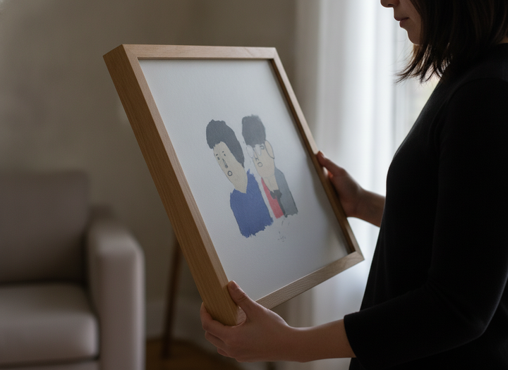 Person showcasing the artwork against a clean modern interior wall