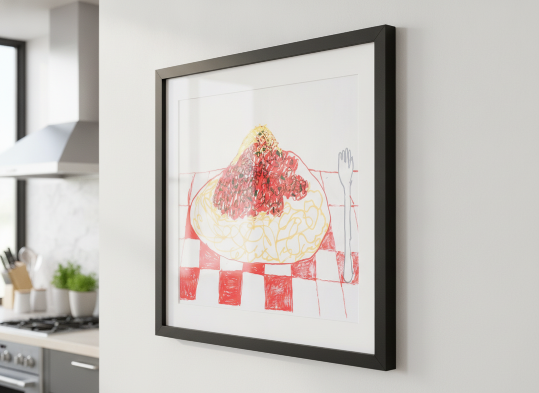 Artwork styled on the wall of a bright modern kitchen