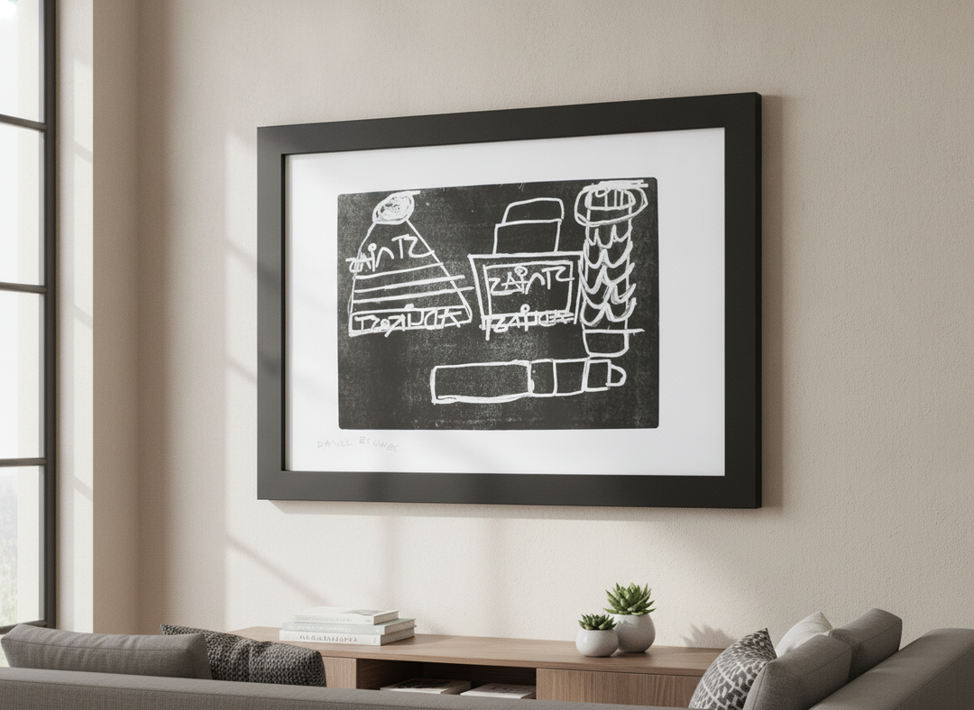 Modern wall art styled above a sofa in a neutral living room