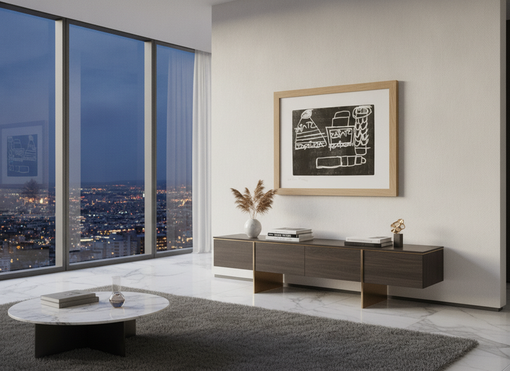 Monumental artwork centred on a feature wall in a luxe interior