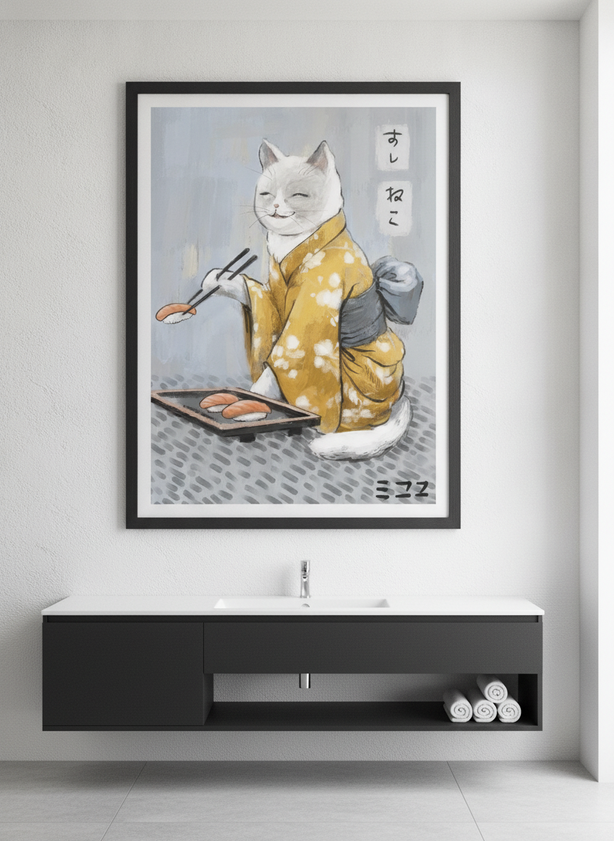 Modern print displayed in a clean minimalist bathroom setting