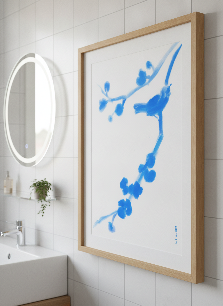 Modern print displayed in a clean minimalist bathroom setting