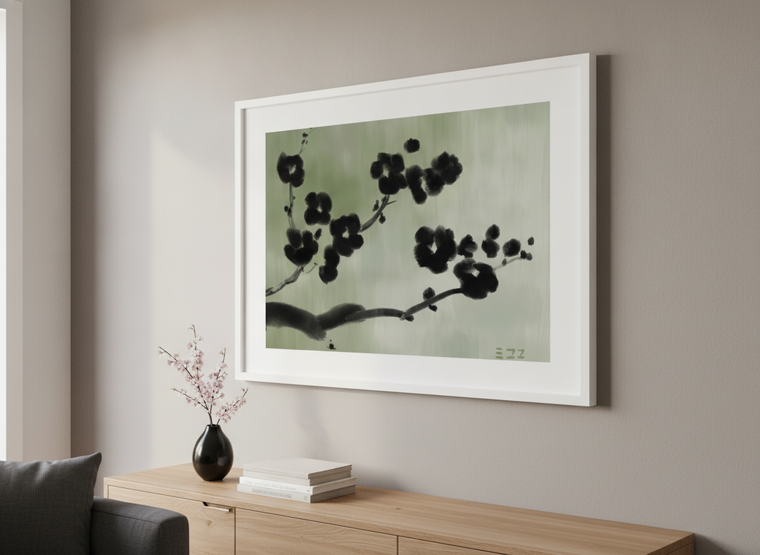 Modern wall art styled above a sofa in a neutral living room