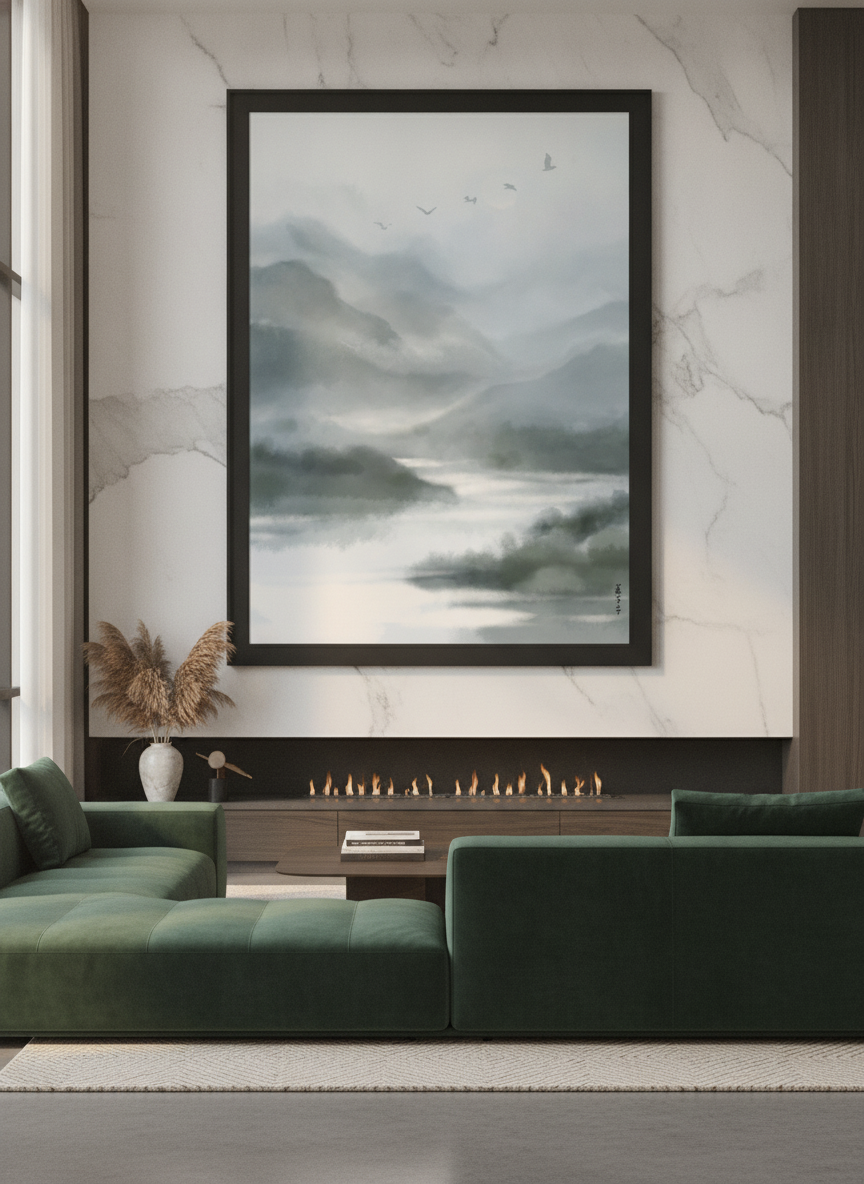 Monumental artwork centred on a feature wall in a luxe interior