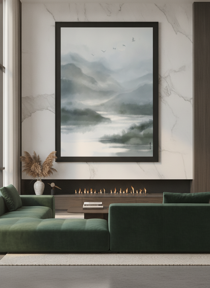 Monumental artwork centred on a feature wall in a luxe interior