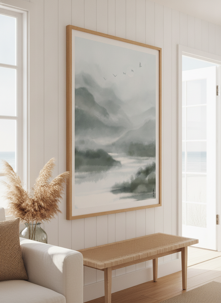 Neutral wall art displayed in a sunny coastal beach house