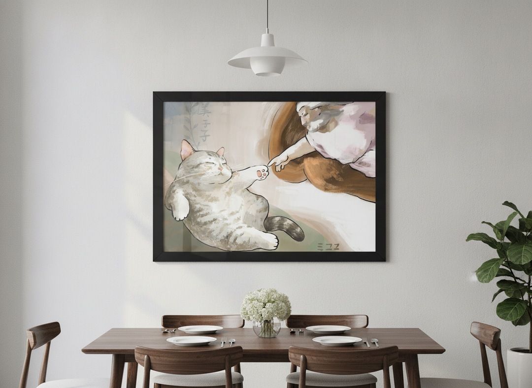 Wall art styled above a dining table in a contemporary home