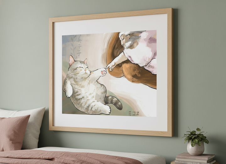 Minimalist artwork displayed in a calm, light-filled bedroom interior