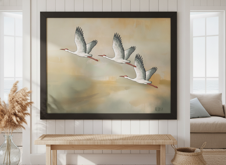 Neutral wall art displayed in a sunny coastal beach house