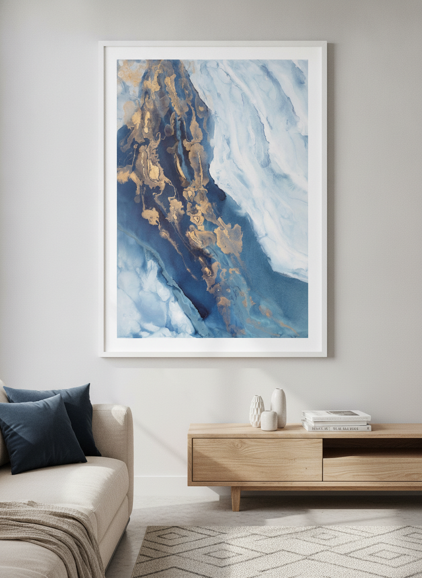 Modern wall art styled above a sofa in a neutral living room