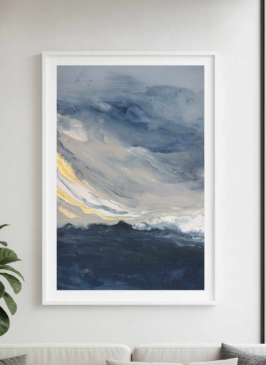 Modern wall art styled above a sofa in a neutral living room