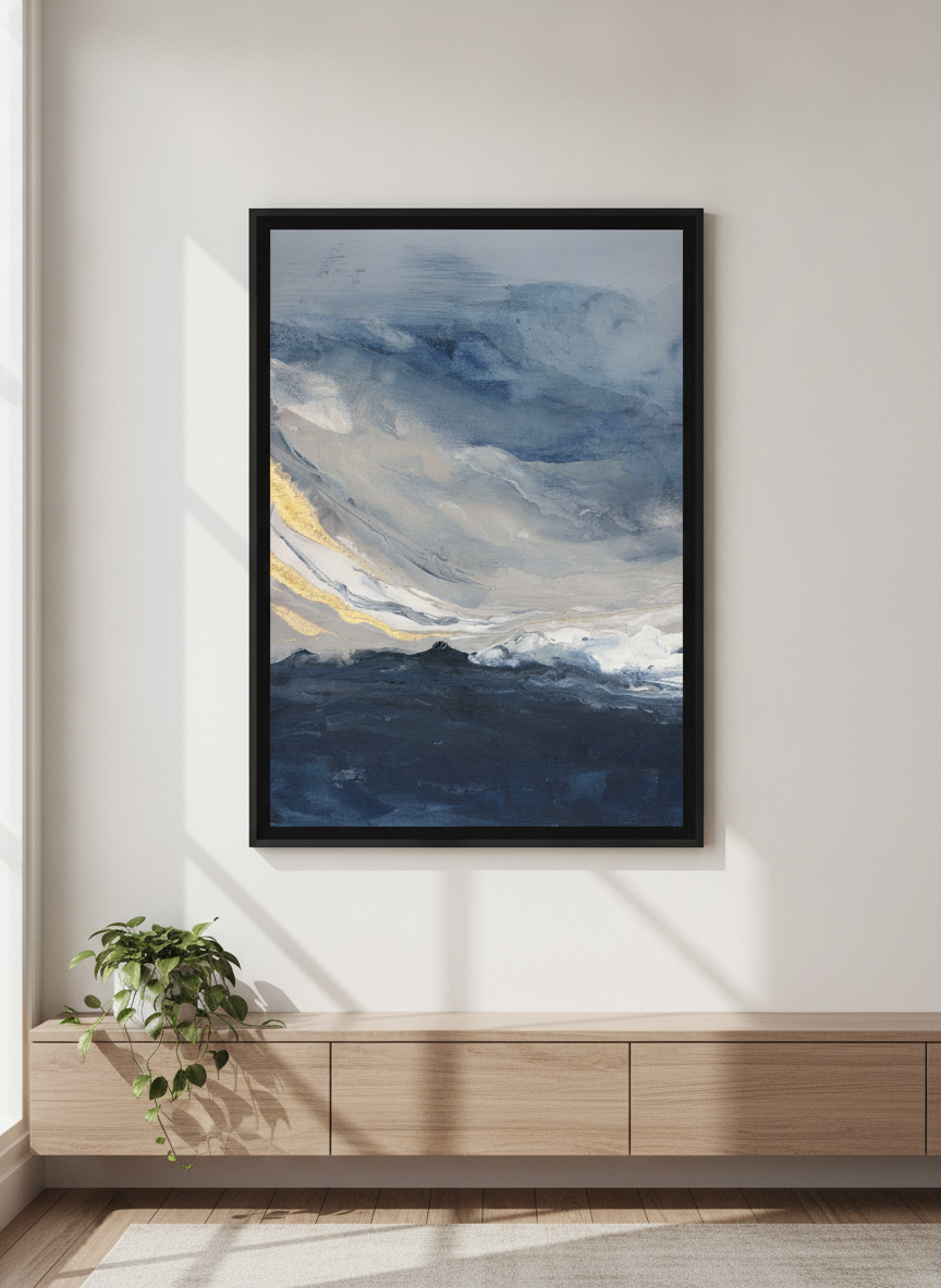 Minimalist artwork displayed in a calm, light-filled bedroom interior
