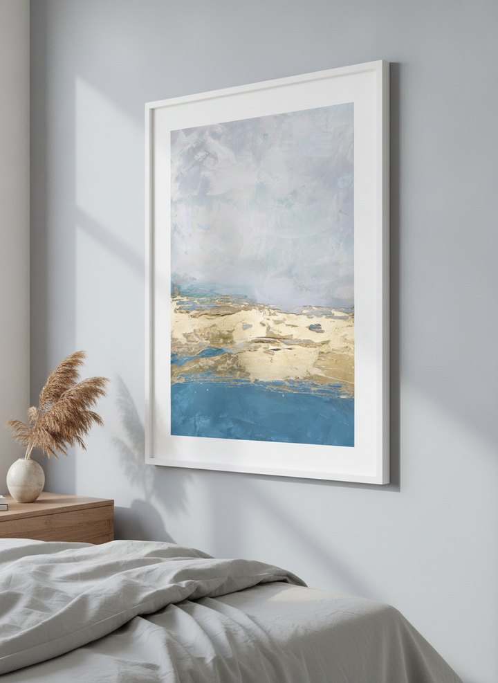 Minimalist artwork displayed in a calm, light-filled bedroom interior