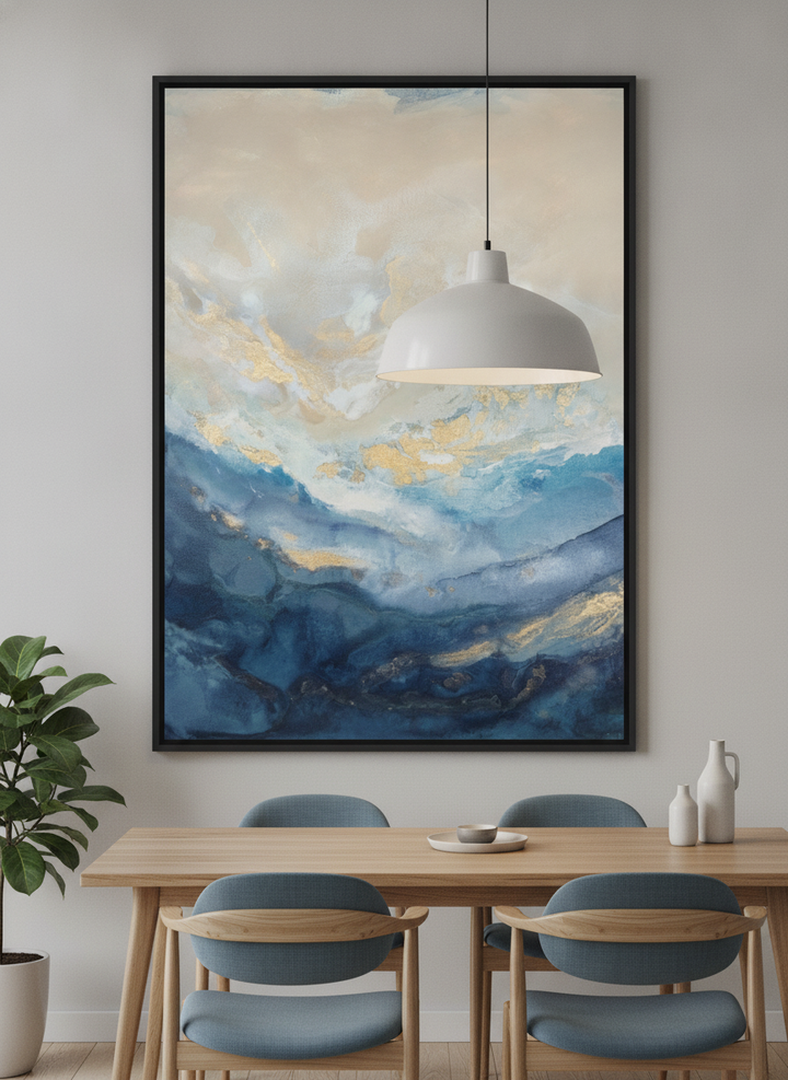 Wall art styled above a dining table in a contemporary home