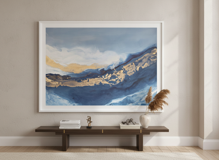 Monumental artwork centred on a feature wall in a luxe interior
