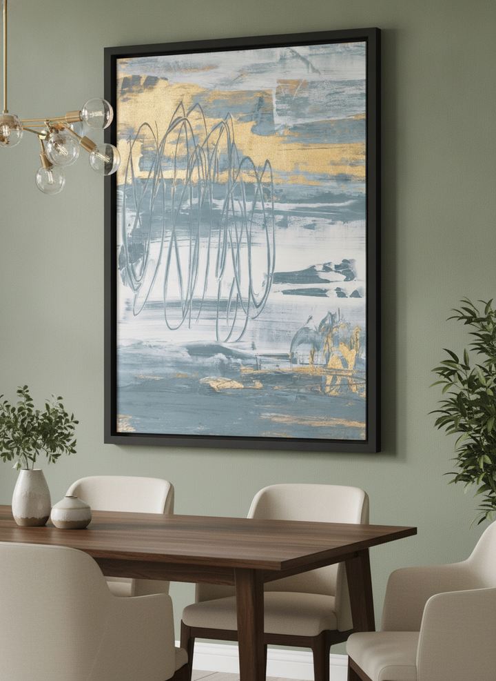 Wall art styled above a dining table in a contemporary home