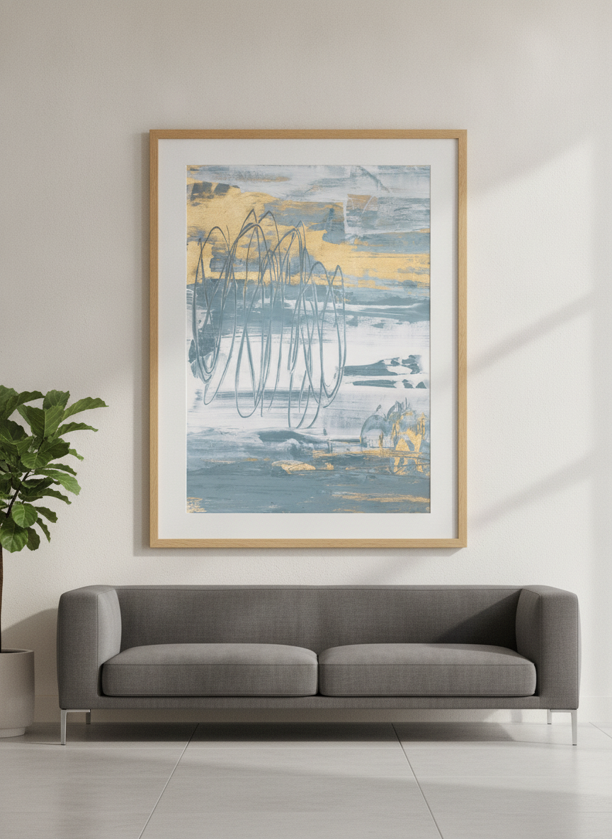 Modern wall art styled above a sofa in a neutral living room