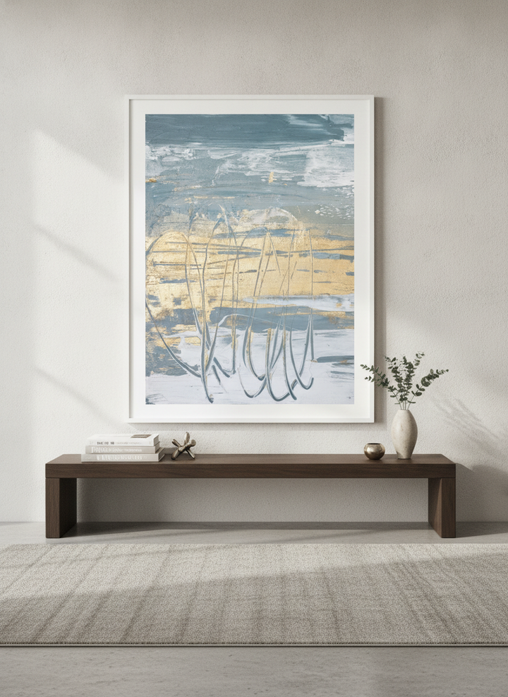 Monumental artwork centred on a feature wall in a luxe interior