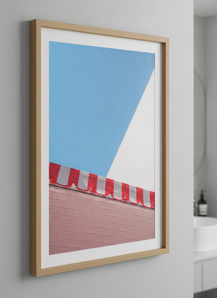 Modern print displayed in a clean minimalist bathroom setting