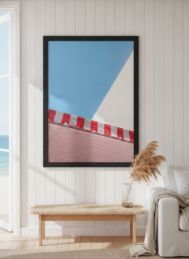 Neutral wall art displayed in a sunny coastal beach house