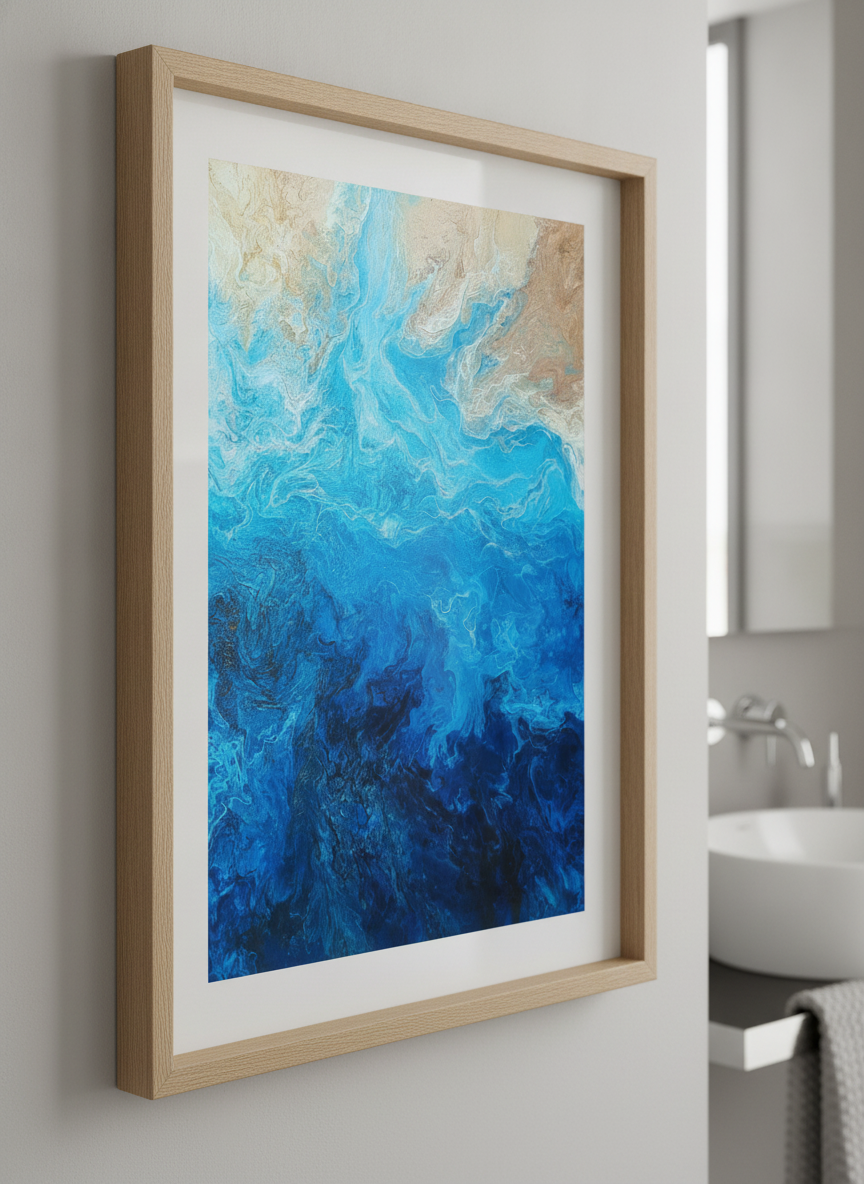 Modern print displayed in a clean minimalist bathroom setting