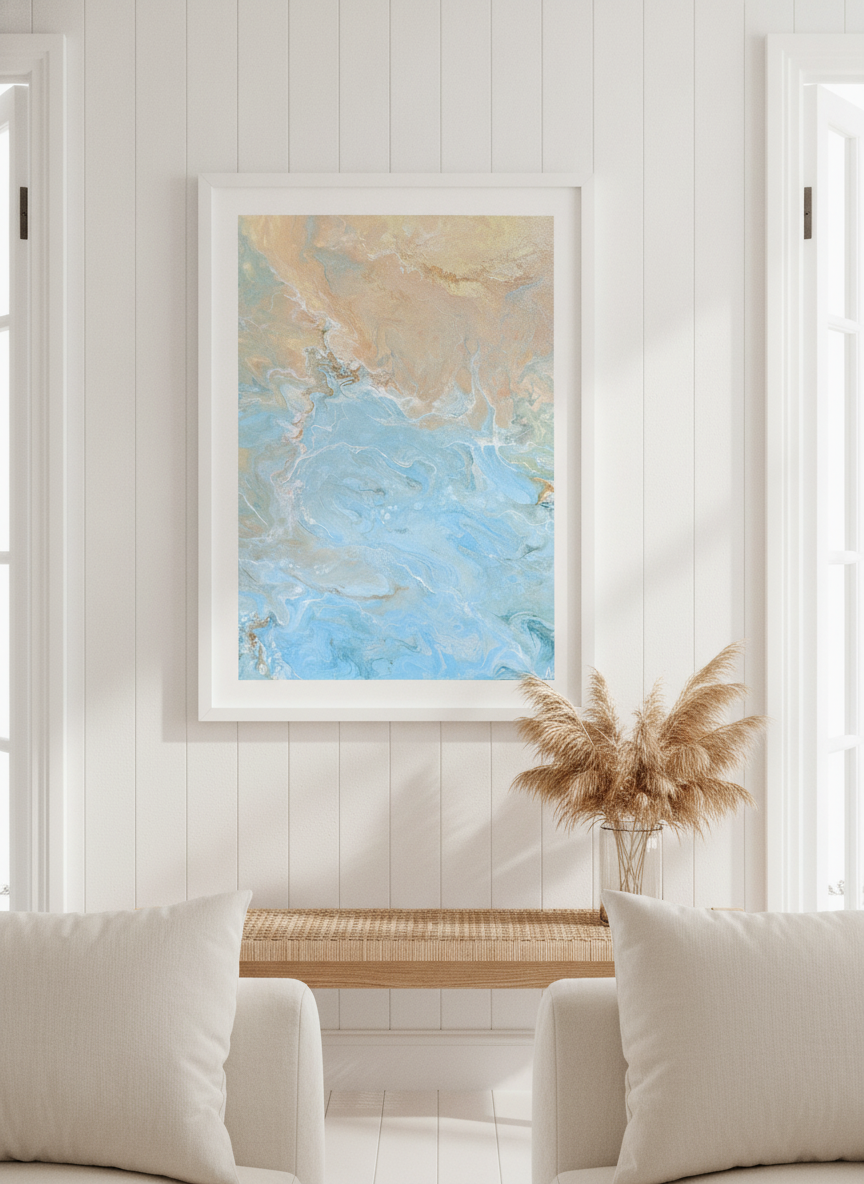 Neutral wall art displayed in a sunny coastal beach house