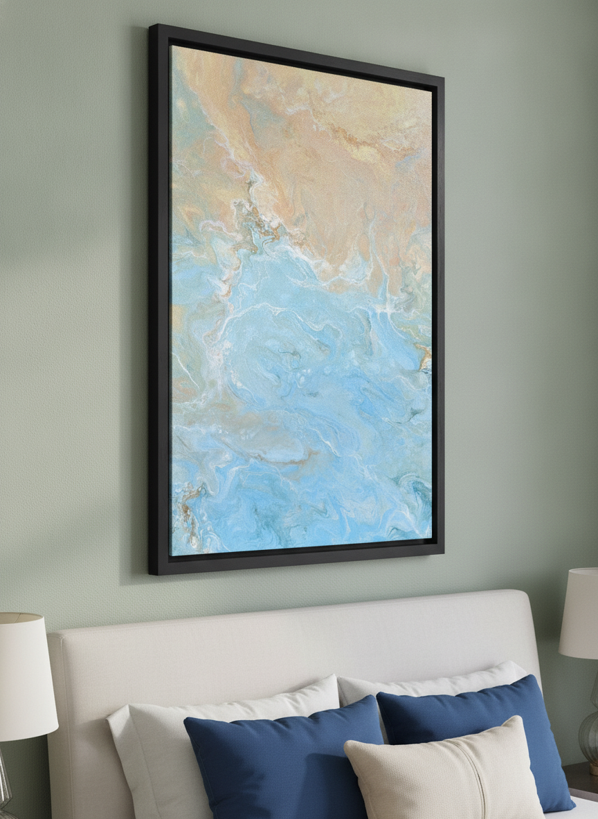 Minimalist artwork displayed in a calm, light-filled bedroom interior